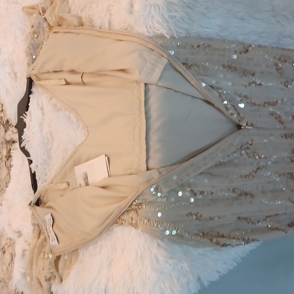 NWT Mac Duggal Sequined V Neck Short Flutter Sleeve Midi Dress SZ 2 in Oyster - Picture 13 of 16